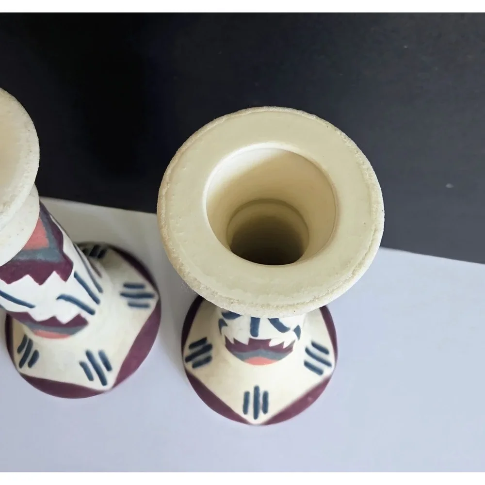 Southwestern‎ Geometric Tribal Sand Art Painted Candlestick Candle Holder Pair